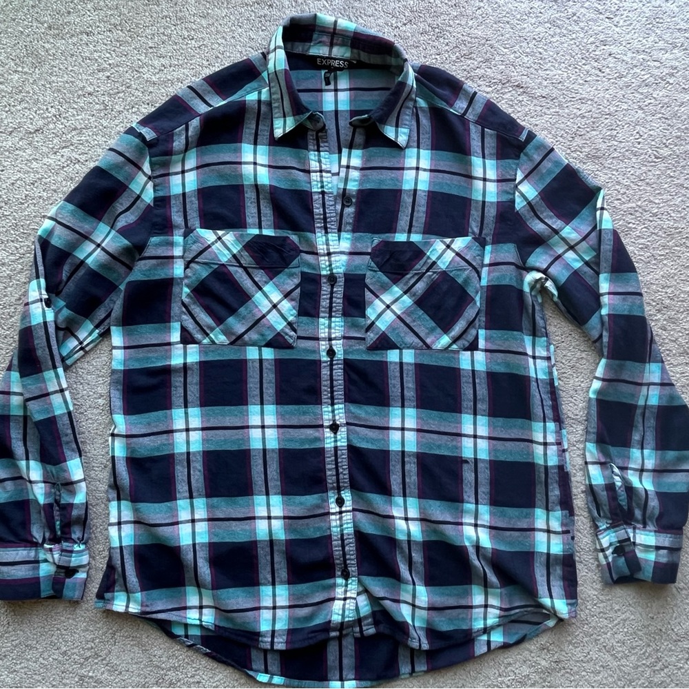 Express plaid button down pocketed aqua blue black purple shirt top XS loose